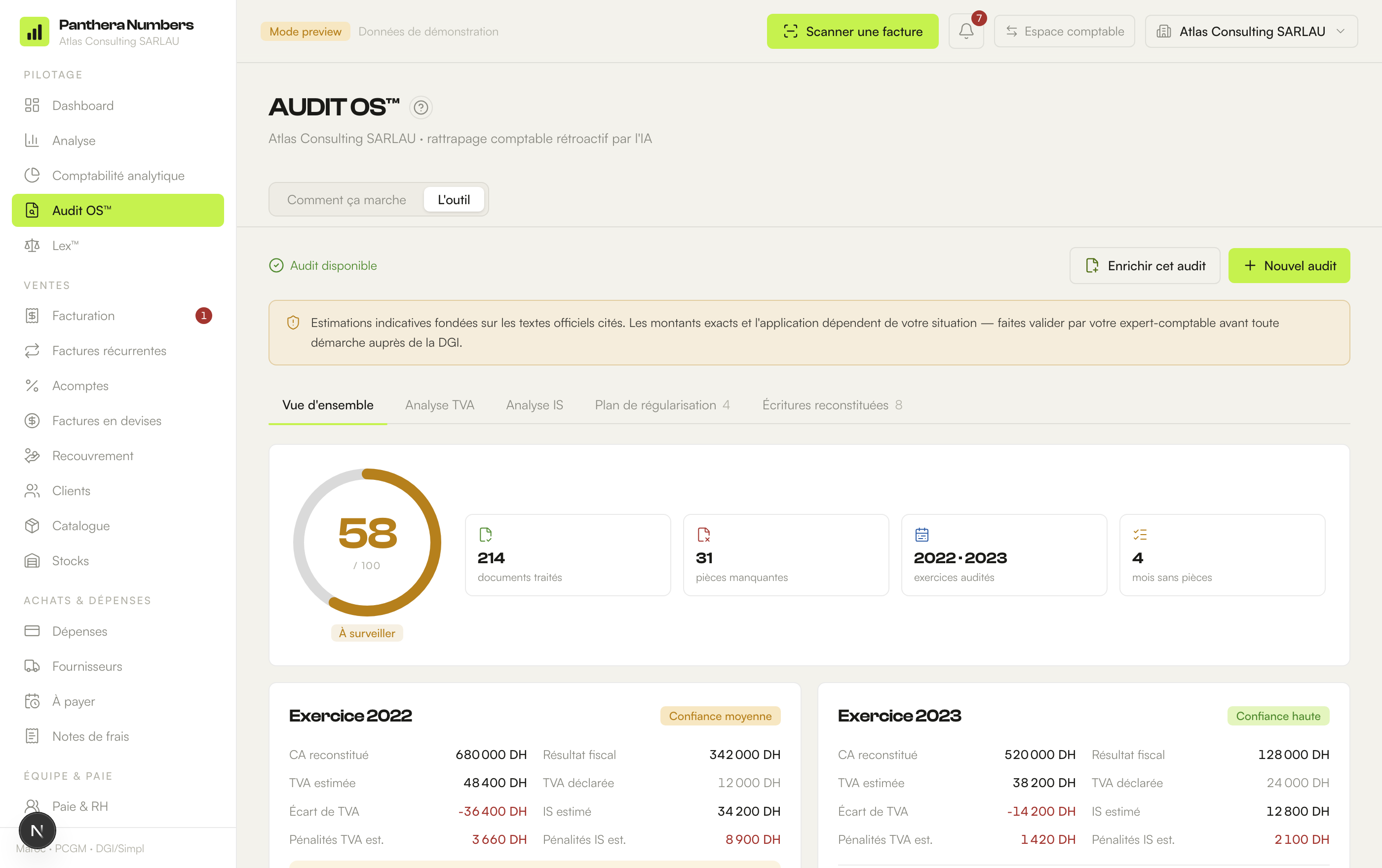 Audit OS™ — reconstitution comptable, score de santé, écarts TVA/IS et pénalités estimées.
